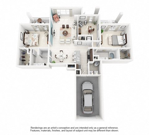bedroom floor plan an in 3d at Altis Kendall Square, Miami, 33196